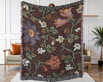 Vintage Dark Cottagecore Floral Woven Throw Blanket - Boho Flower Tapestry Decor