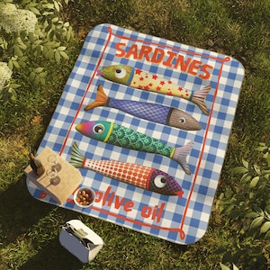 Personalized Sardine Picnic Blanket for Family – Custom Outdoor Fish Throw – Waterproof Name Beach , Park or Camp Blanket - Lake House Gift