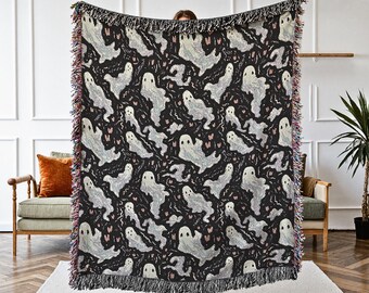 Ghost Woven Fringe Blanket: Spooky Halloween Decor, Goth Tapestry