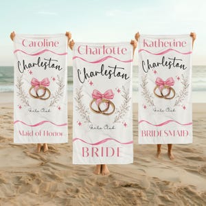 Personalized Bachelorette Beach Towel - Coquette Bow Bridesmaid Gift - Custom Name Pool Towel for Girls Trip, Bridal Party, Summer Getaway