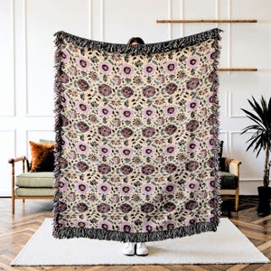 Boho Floral Woven Blanket with Fringe – Cotton Throw for Couch or Bed – Botanical Garden Tapestry –  Bohemian Gift Idea- Housewarming gift