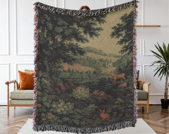 Woodland Medieval Tapestry Blanket-  Vintage Forest Animal Woven Throw