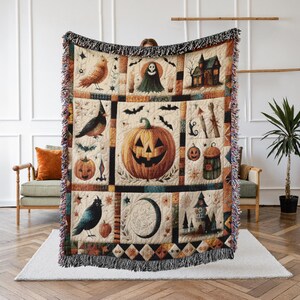 Halloween Kürbis gewebte Decke - Vintage Herbst Überwurf für Couch oder Bett - Gruseliger Wandbehang - Gruseliges Haus Dekor - Herbst Geschenk