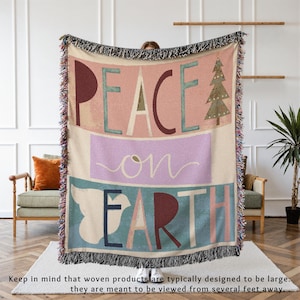 Retro Christmas Woven Blanket - Vintage Holiday Peace Throw - Xmas Tree Winter Fringe Tapestry - Cozy Mid Century Christmas Home Decor Gift