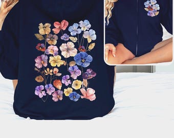 Pressed Flowers Zip Hoodie Full Zip Cottagecore Autumn Floral