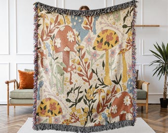 Boho Mushroom Floral Woven Blanket - Cottagecore Bedroom Botanical Throw or Wall Tapestry