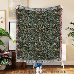 Forest Woven Blanket - Cottagecore Moss Picnic Blanket Throw - Cotton Fringed Couch Blanket - Nature Lover Gift - Dark Green Bird Tapestry