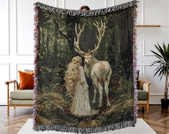 Forest Stag Tapestry Woven Blanket-  Vintage Medieval Woodland Reader Decor