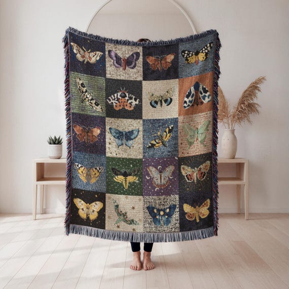 Celestial Moth Throw Blanket: Boho Woven Cotton Tapestry
