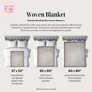 A woven blanket in three sizes: 37 x 52 inches, 50 x 60 inches, and 60 x 80 inches. The image shows the blankets on beds, with text indicating uses like baby, lap, and picnic blankets. The blankets are made of 100% pure cotton.