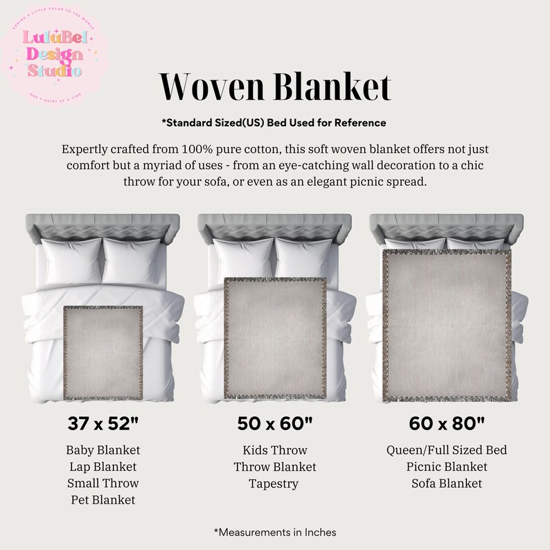A woven blanket in three sizes: 37 x 52 inches, 50 x 60 inches, and 60 x 80 inches. The image shows the blankets on beds, with text indicating uses like baby, lap, and picnic blankets. The blankets are made of 100% pure cotton.
