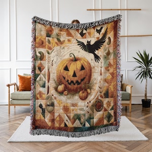 Halloween Kürbis gewebte Decke, Vintage Herbstüberwurf, gruselige Halloween Dekoration, Gothik Jack o Lantern Wandbehang - Gemütliches Haunted Housewarming Geschenk