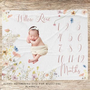 Personalized Baby Girl Milestone Blanket - Boho WildFlower Name - Shower Gift - Infant Monthly Growth Blanket - Baby Flower Growth Blanket