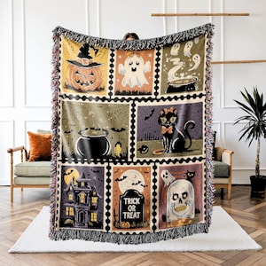 Vintage Halloween Woven Blanket - Spooky Fall Throw with Ghosts, Pumpkins and Black Cats - Retro October Decor or Haunted House Tapestry