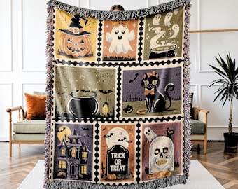 Vintage Halloween Woven Blanket: Ghosts, Pumpkins, Black Cats - Retro Fall Decor