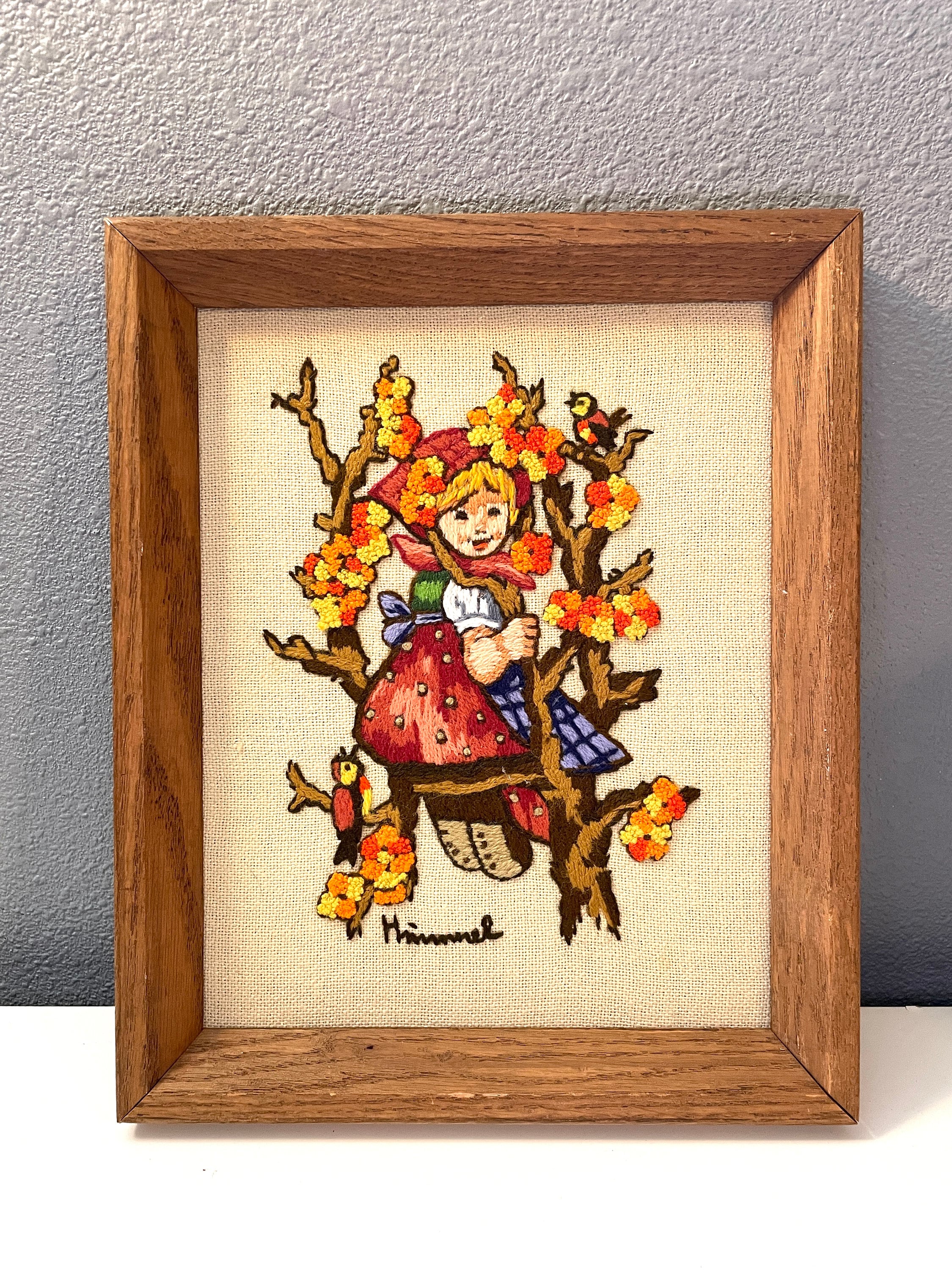 Vintage Framed Crewel Needlepoint Hummel Girl