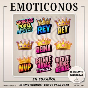 Pu&ograve; includere: Grafica digitale con disegni di corone e testo in spagnolo, tra cui "Gracias por el Apoyo", "Rey" e "Reina". L'immagine &egrave; etichettata come "43-Emoticonos - Listos para Usar". Progettato per uso digitale.