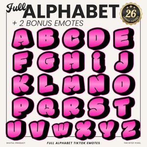 Puede incluir: Un conjunto gráfico digital que presenta el alfabeto completo en letras negritas estilo burbuja con un relleno degradado rosa y una sombra paralela oscura. El texto dice Full ALPHABET + 2 BONUS EMOTES, 26 LETTER EMOTES, DIGITAL PRODUCT y FULL ALPHABET TIKTOK EMOTES.