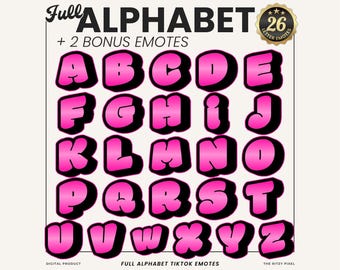 Puede incluir: Un conjunto gráfico digital que presenta el alfabeto completo en letras negritas estilo burbuja con un relleno degradado rosa y una sombra paralela oscura. El texto dice Full ALPHABET + 2 BONUS EMOTES, 26 LETTER EMOTES, DIGITAL PRODUCT y FULL ALPHABET TIKTOK EMOTES.