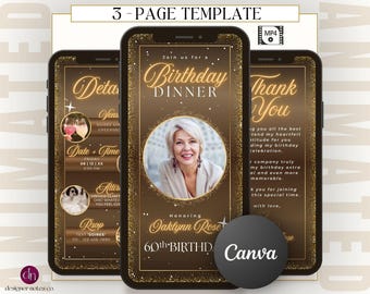 Convite Digital Elegante e Glamoroso para Jantar de Aniversário em Ouro (Modelo Canva)