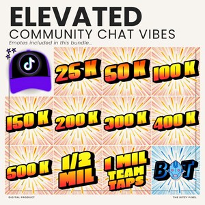 Puede incluir: Un conjunto gr&aacute;fico digital titulado ELEVATED COMMUNITY CHAT VIBES que presenta una gorra morada con un logotipo de TikTok, seguido de once emoticonos individuales que muestran hitos num&eacute;ricos de 25K a 1 MIL TEAM TAPS y un icono de robot BOT.