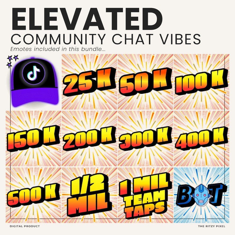 Puede incluir: Un conjunto gr&aacute;fico digital titulado ELEVATED COMMUNITY CHAT VIBES que presenta una gorra morada con un logotipo de TikTok, seguido de once emoticonos individuales que muestran hitos num&eacute;ricos de 25K a 1 MIL TEAM TAPS y un icono de robot BOT.