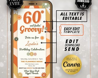 Convite de aniversário retrô laranja "60 e se sentindo ótimo" - Modelo para Canva - Download digital