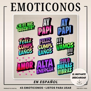 Pu&ograve; includere: Un prodotto digitale con emoticon spagnoli colorati con frasi come "Amor", "Alta Energia" e "Solo Buenas Vibras". Il design include testo in vari font e colori, con un invito al download.