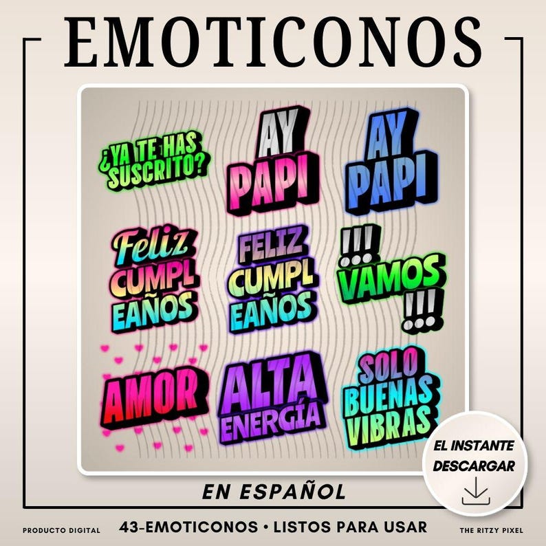 Pu&ograve; includere: Un prodotto digitale con emoticon spagnoli colorati con frasi come "Amor", "Alta Energia" e "Solo Buenas Vibras". Il design include testo in vari font e colori, con un invito al download.