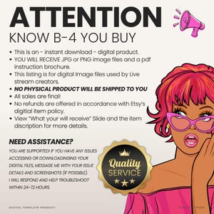 Puede incluir: Un gr&aacute;fico de informaci&oacute;n de producto digital con el texto ATTENTION KNOW B-4 YOU BUY, NEED ASSISTANCE y una insignia de Quality Service. Una ilustraci&oacute;n de una persona con cabello rosa brillante y gafas rosas est&aacute; a la derecha.