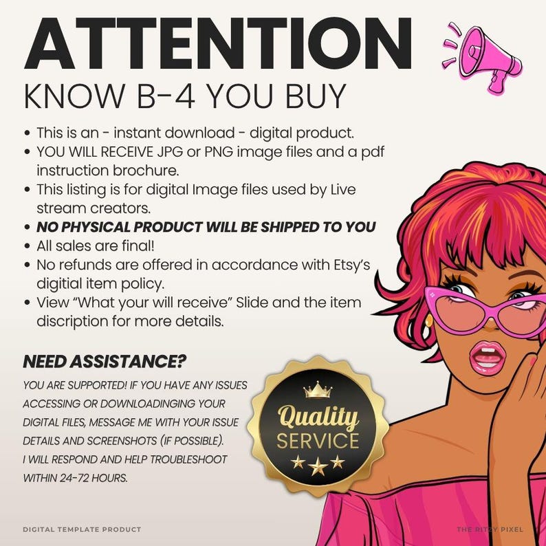 Puede incluir: Un gr&aacute;fico de informaci&oacute;n de producto digital con el texto ATTENTION KNOW B-4 YOU BUY, NEED ASSISTANCE y una insignia de Quality Service. Una ilustraci&oacute;n de una persona con cabello rosa brillante y gafas rosas est&aacute; a la derecha.