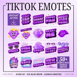Puede incluir: Una colecci&oacute;n de emotes digitales de ne&oacute;n p&uacute;rpura con texto e iconos que incluyen corazones, diamantes, gafas de sol y un contenedor de basura en llamas. El gr&aacute;fico incluye el texto TIKTOK EMOTES, INSTANT ACCESS y 50+ PURPLE NEON KAWAII EMOTES. El dise&ntilde;o utiliza una paleta de colores p&uacute;rpura vibrante con efectos brillantes.