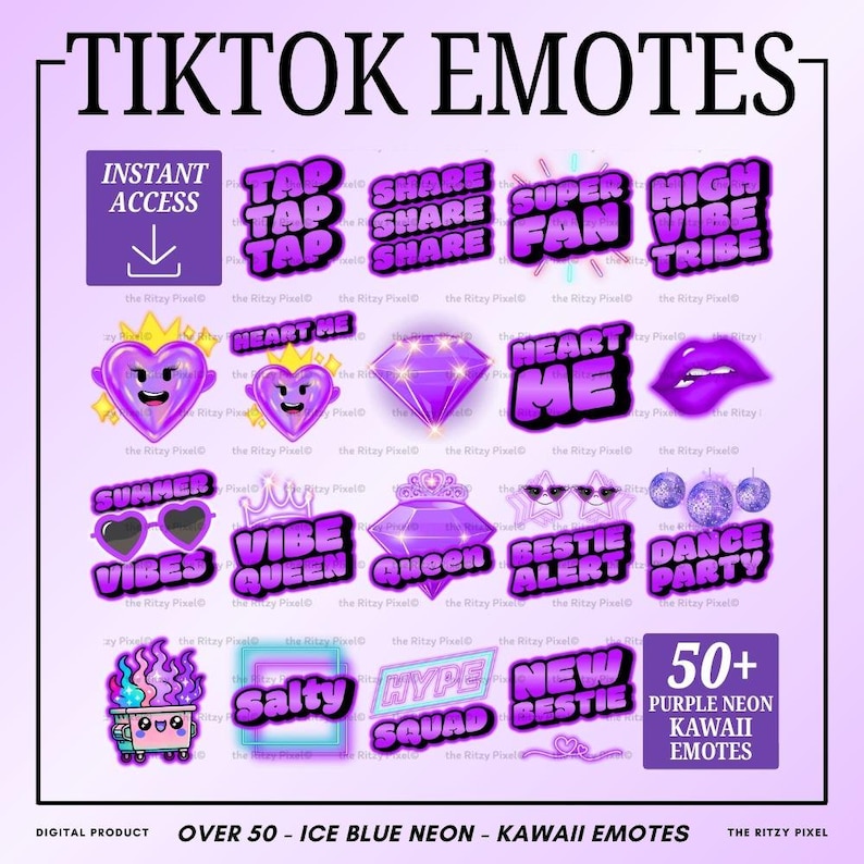 Puede incluir: Una colecci&oacute;n de emotes digitales de ne&oacute;n p&uacute;rpura con texto e iconos que incluyen corazones, diamantes, gafas de sol y un contenedor de basura en llamas. El gr&aacute;fico incluye el texto TIKTOK EMOTES, INSTANT ACCESS y 50+ PURPLE NEON KAWAII EMOTES. El dise&ntilde;o utiliza una paleta de colores p&uacute;rpura vibrante con efectos brillantes.