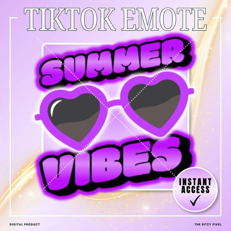 Puede incluir: Un gr&aacute;fico digital con el texto TIKTOK EMOTE en la parte superior y SUMMER VIBES en letras de burbuja moradas rodeando unas gafas de sol en forma de coraz&oacute;n con lentes oscuras. Una insignia circular muestra el texto INSTANT ACCESS con un visto.