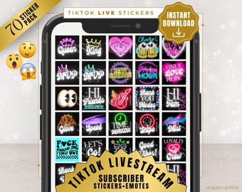 Adesivos retrô neon para bate-papo ao vivo do TikTok com fundo preto para download digital.