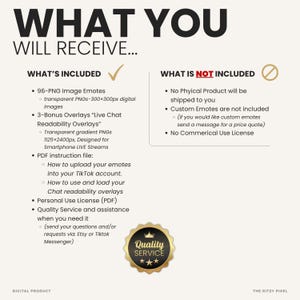 Puede incluir: Un gr&aacute;fico de informaci&oacute;n de producto digital titulado WHAT YOU WILL RECEIVE. Enumera 96 emoticonos PNG, 3 superposiciones de chat en vivo, un archivo de instrucciones en PDF, una licencia de uso personal y asistencia de calidad.