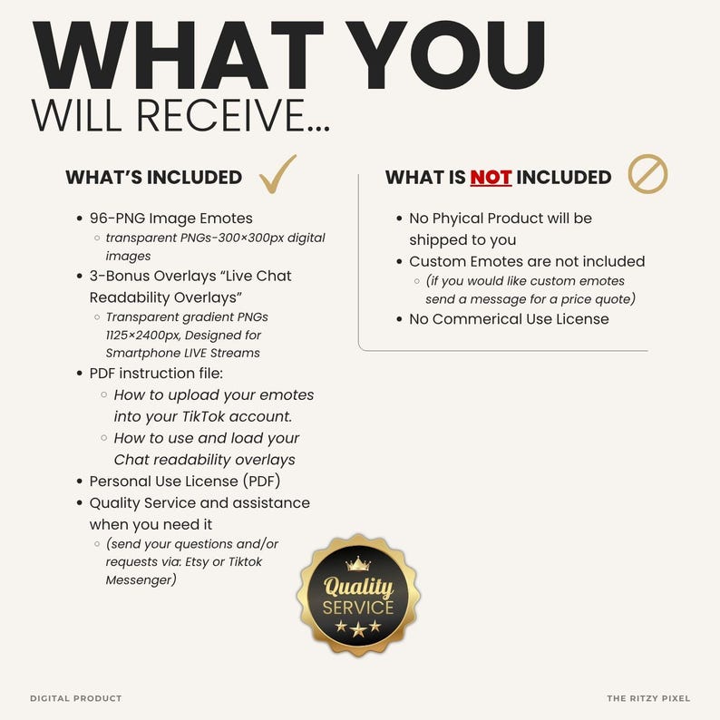 Puede incluir: Un gr&aacute;fico de informaci&oacute;n de producto digital titulado WHAT YOU WILL RECEIVE. Enumera 96 emoticonos PNG, 3 superposiciones de chat en vivo, un archivo de instrucciones en PDF, una licencia de uso personal y asistencia de calidad.