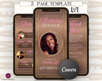 Pacote de modelos Canva para convite animado de aniversário com coquetel e cartão de agradecimento (download digital)