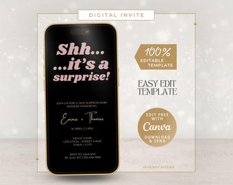 Convite surpresa para chá de bebê, modelo editável para celular (Canva)