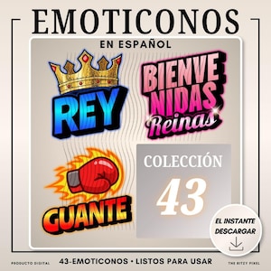 Pu&ograve; includere: Raccolta digitale di 43 emoticon in spagnolo. L'immagine presenta una corona con la parola "REY", la frase "BIENVENIDAS Reinas", un guantone da boxe con la parola "GUANTE" e il numero "43".