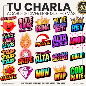 Puede incluir: Una colección digital de 43 emoticonos coloridos que presentan varias frases en español como TU CHARLA, REINA, REY, AMOR y GUANTE, junto con iconos gráficos que incluyen un corazón rojo, una corona dorada, una llama, un diamante y un guante de boxeo.