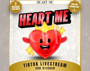 Adesivos TikTok "Heart Me Sub" em 3D, emotes de desenho animado, PNG para download digital.