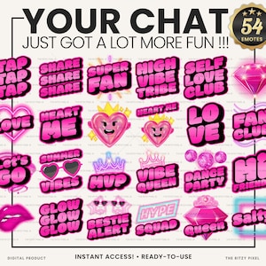 Puede incluir: Una colección de 54 emoticonos digitales con texto y gráficos de estilo neón rosa. Las frases incluyen TAP TAP TAP, SHARE, SUPER FAN, HIGH VIBE TRIBE, SELF LOVE CLUB, LOVE, HEART ME, FAN CLUB, LET'S GO, SUMMER VIBES, MVP, VIBE QUEEN, DANCE PARTY, HI FRIENDS, GLOW, BESTIE ALERT, HYPE SQUAD, QUEEN y SALTY.