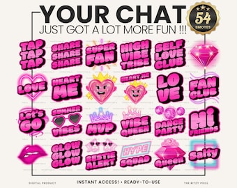 Puede incluir: Una colección de 54 emoticonos digitales con texto y gráficos de estilo neón rosa. Las frases incluyen TAP TAP TAP, SHARE, SUPER FAN, HIGH VIBE TRIBE, SELF LOVE CLUB, LOVE, HEART ME, FAN CLUB, LET'S GO, SUMMER VIBES, MVP, VIBE QUEEN, DANCE PARTY, HI FRIENDS, GLOW, BESTIE ALERT, HYPE SQUAD, QUEEN y SALTY.