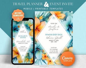 Convite para Festa Luau Tropical Havaiana - Modelo Digital para Imprimir e Baixar no Canva para Dispositivos Móveis