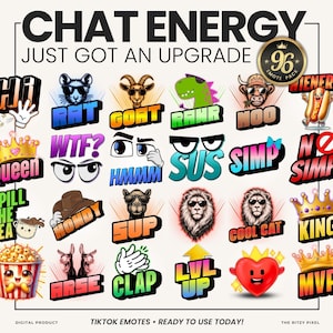 Puede incluir: Una colecci&oacute;n digital de 96 coloridos emoticonos de chat con varios personajes, animales y expresiones de texto como Hi, Rat, Goat, Rahr, Moo, Wieners, Queen, Wtf, Hmm, Sus, Simp, No Simp, Spill The Tea, Howdy, Sup, Cool Cat, King, Arse, Clap, Lvl Up, Mvp.