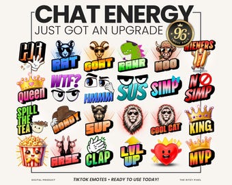 Puede incluir: Una colección digital de 96 coloridos emoticonos de chat con varios personajes, animales y expresiones de texto como Hi, Rat, Goat, Rahr, Moo, Wieners, Queen, Wtf, Hmm, Sus, Simp, No Simp, Spill The Tea, Howdy, Sup, Cool Cat, King, Arse, Clap, Lvl Up, Mvp.