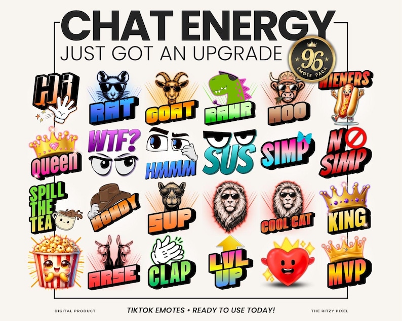 Puede incluir: Una colecci&oacute;n digital de 96 coloridos emoticonos de chat con varios personajes, animales y expresiones de texto como Hi, Rat, Goat, Rahr, Moo, Wieners, Queen, Wtf, Hmm, Sus, Simp, No Simp, Spill The Tea, Howdy, Sup, Cool Cat, King, Arse, Clap, Lvl Up, Mvp.