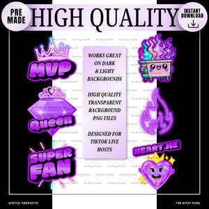 Puede incluir: Una colecci&oacute;n de pegatinas gr&aacute;ficas digitales con dise&ntilde;os de estilo ne&oacute;n p&uacute;rpura que incluyen una corona con el texto MVP, un diamante con el texto QUEEN, un letrero de SUPER FAN, un contenedor de basura en llamas, una llama, un letrero HEART ME y un coraz&oacute;n.