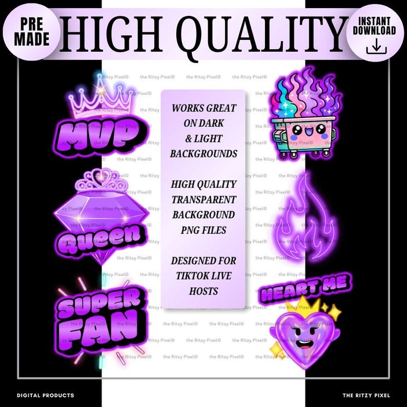 Puede incluir: Una colecci&oacute;n de pegatinas gr&aacute;ficas digitales con dise&ntilde;os de estilo ne&oacute;n p&uacute;rpura que incluyen una corona con el texto MVP, un diamante con el texto QUEEN, un letrero de SUPER FAN, un contenedor de basura en llamas, una llama, un letrero HEART ME y un coraz&oacute;n.